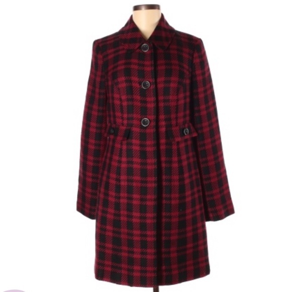 Apt. 9 size M burgundy & black plaid button up lined long sleeve wool blend coat - Picture 1 of 16